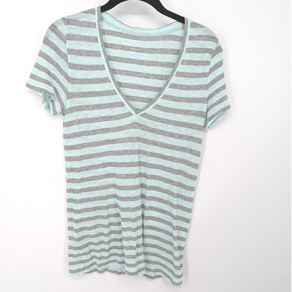 J Crew T-Shirt Women Small Aqua Gray Striped V Neck Vintage Cotton Casual Y2K